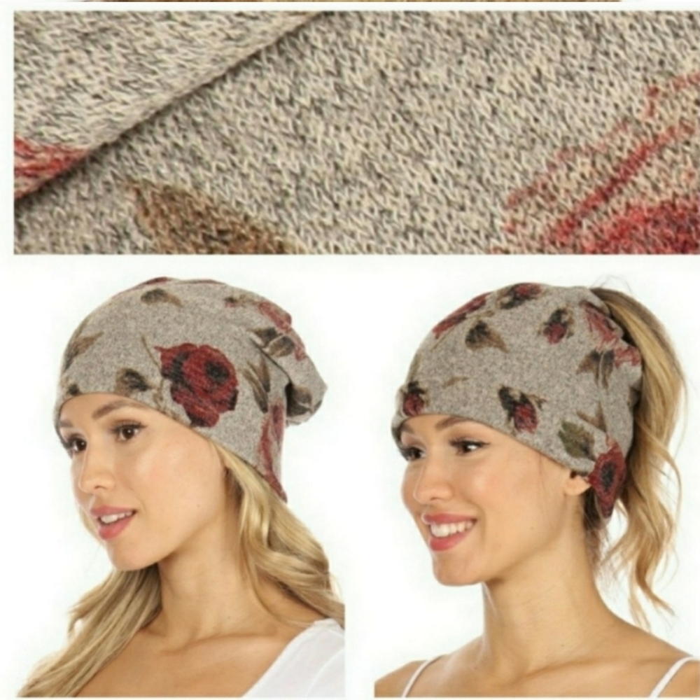Floral Slouch Beanie With or Without Ponytail - Picture 5 of 7